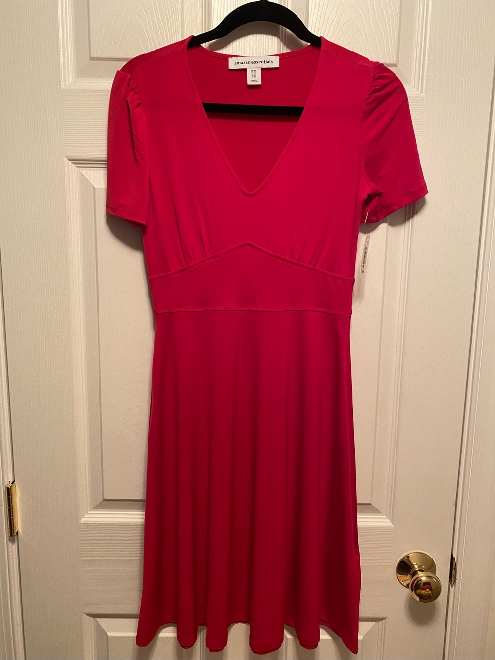 Amazon Essentials Raspberry Red V-Neck Fit & Flare Midi Dress…size XS